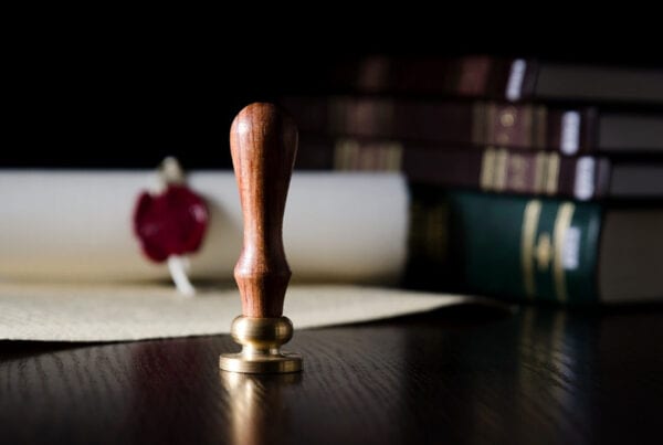 Law concept with stamp in courtroom