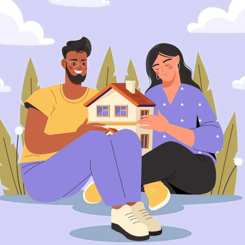 Illustration of couple holding a small house