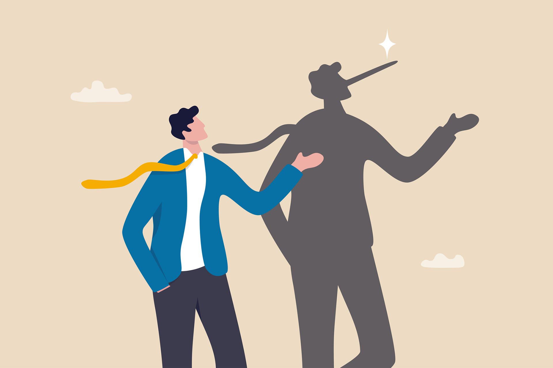 Illustration of man looking at his shadow with a Pinocchio nose