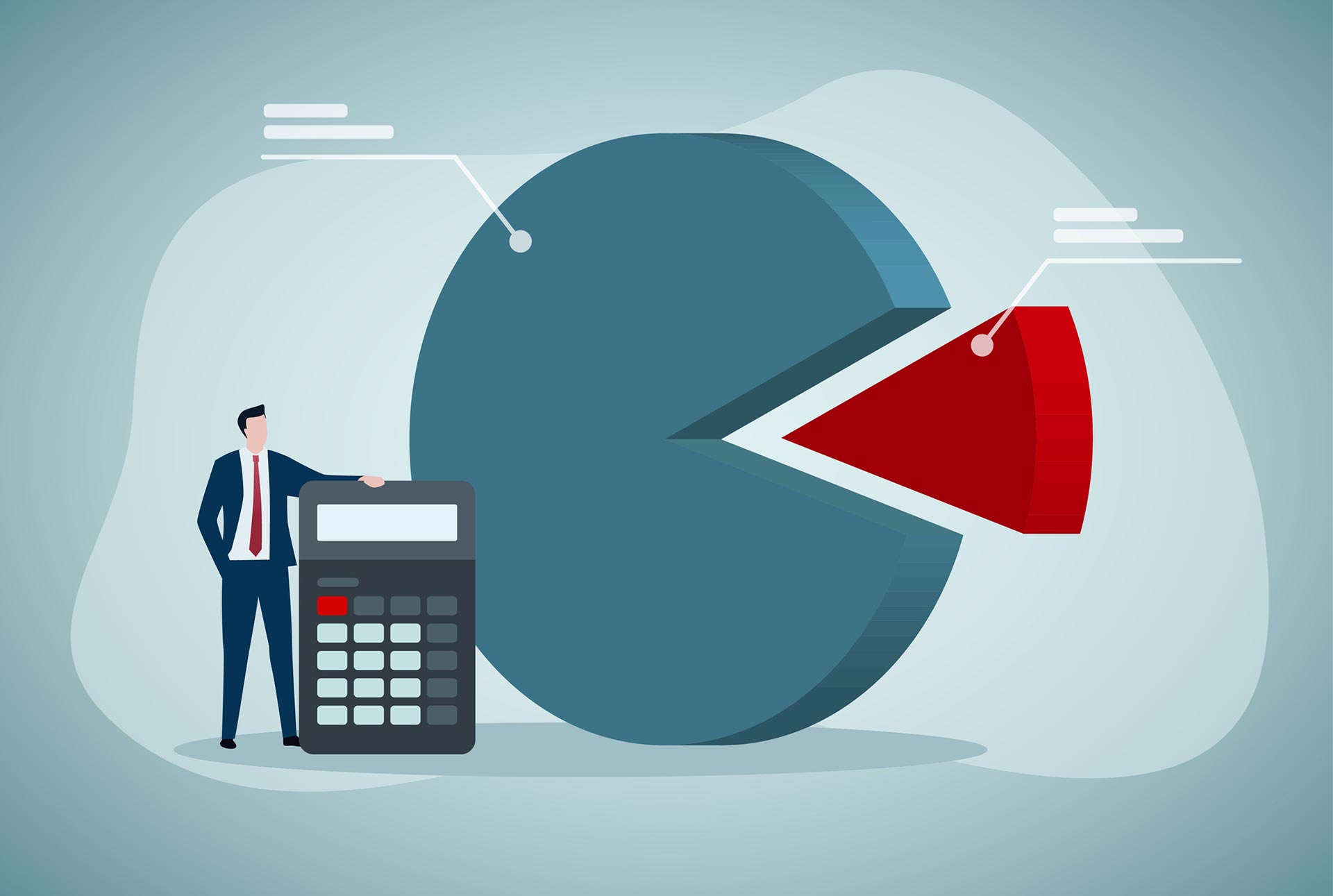 illustration of man in suit with giant calculator and pie graph