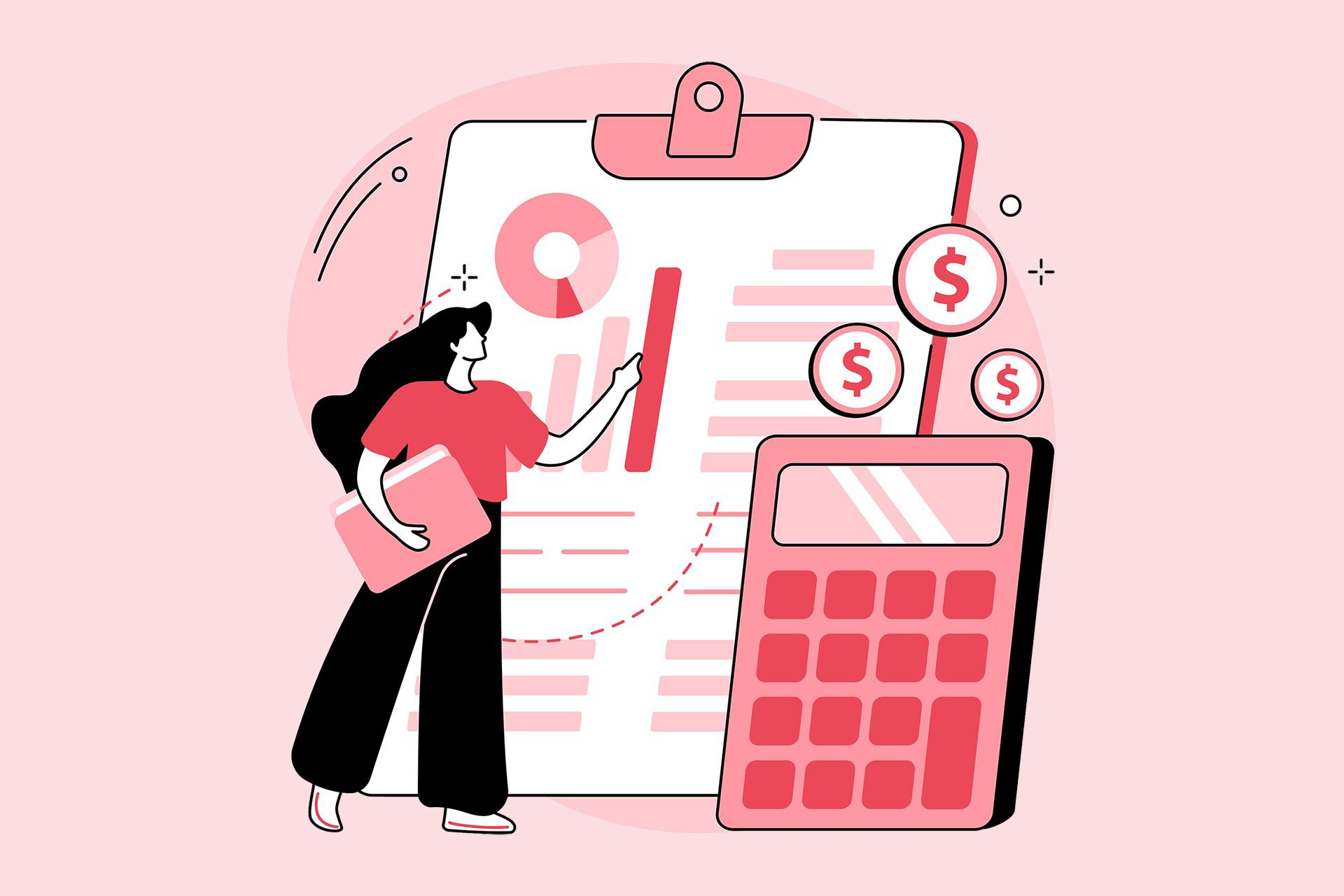 Illustration of woman pointing at giant chart and calculator