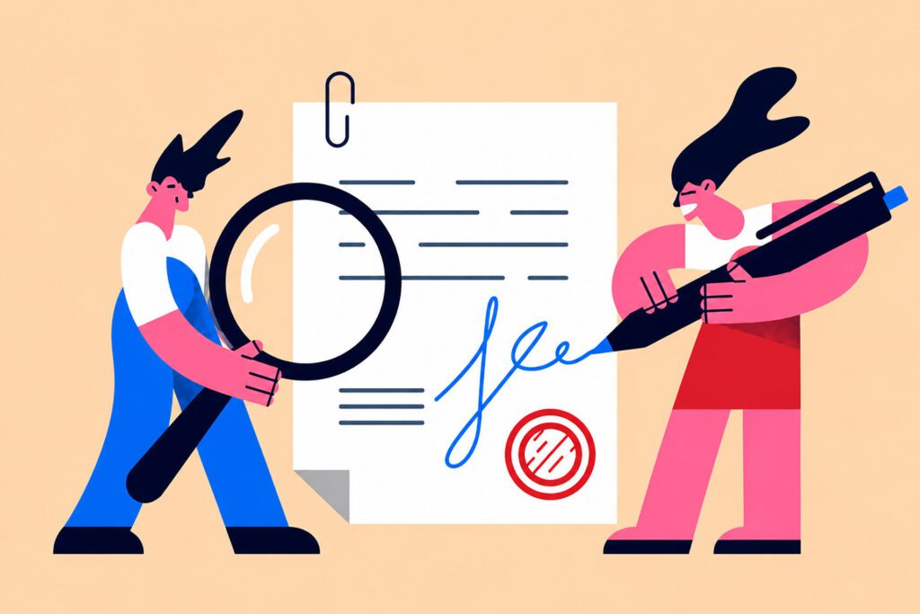 illustration of two figures holding a magnifying glass and signing a giant contract