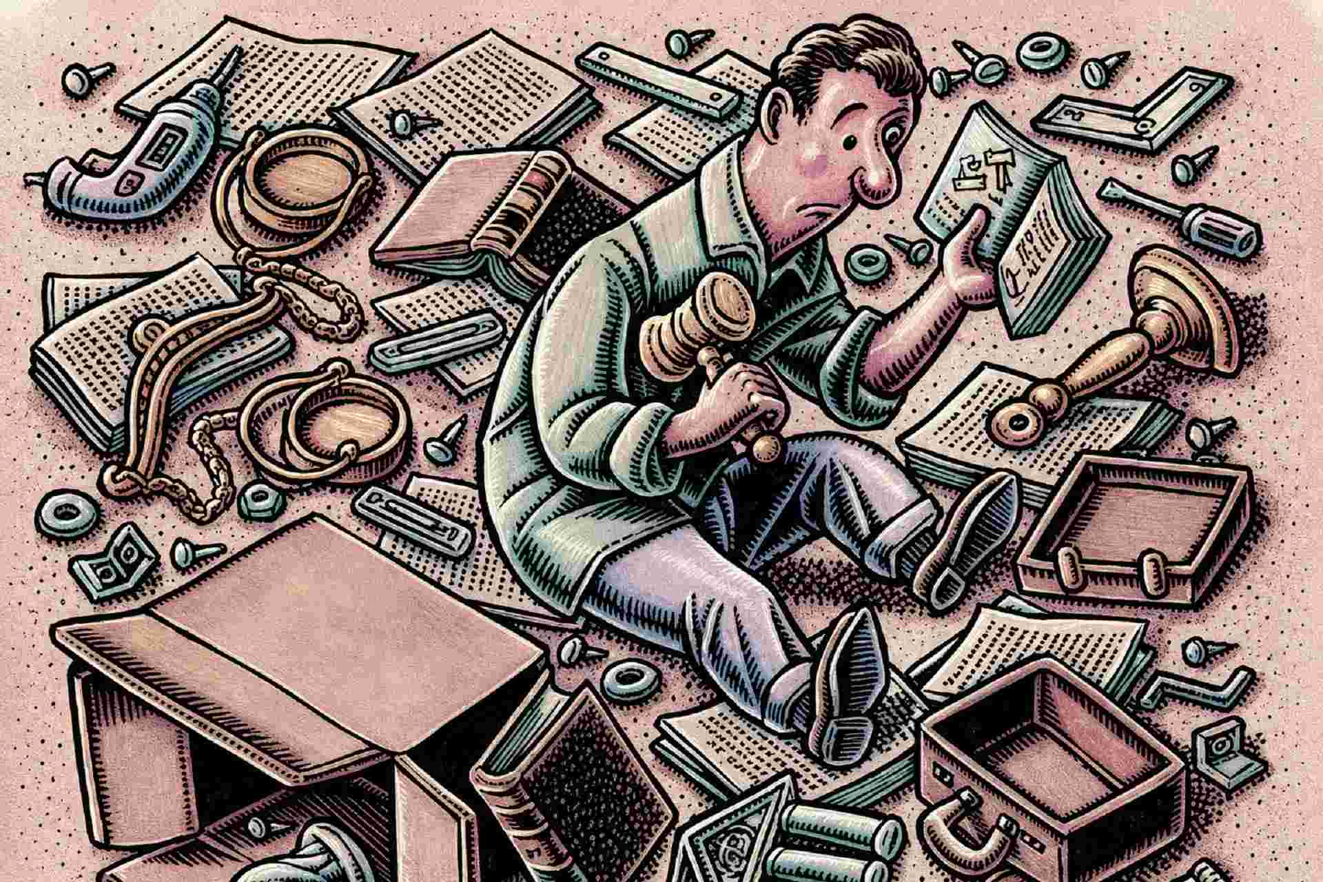 Illustration of man holding gavel surrounded by paperwork