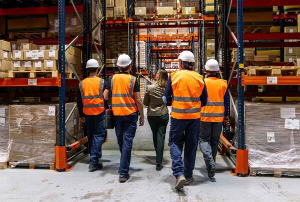 Team of workers in high vis walking through warehouse